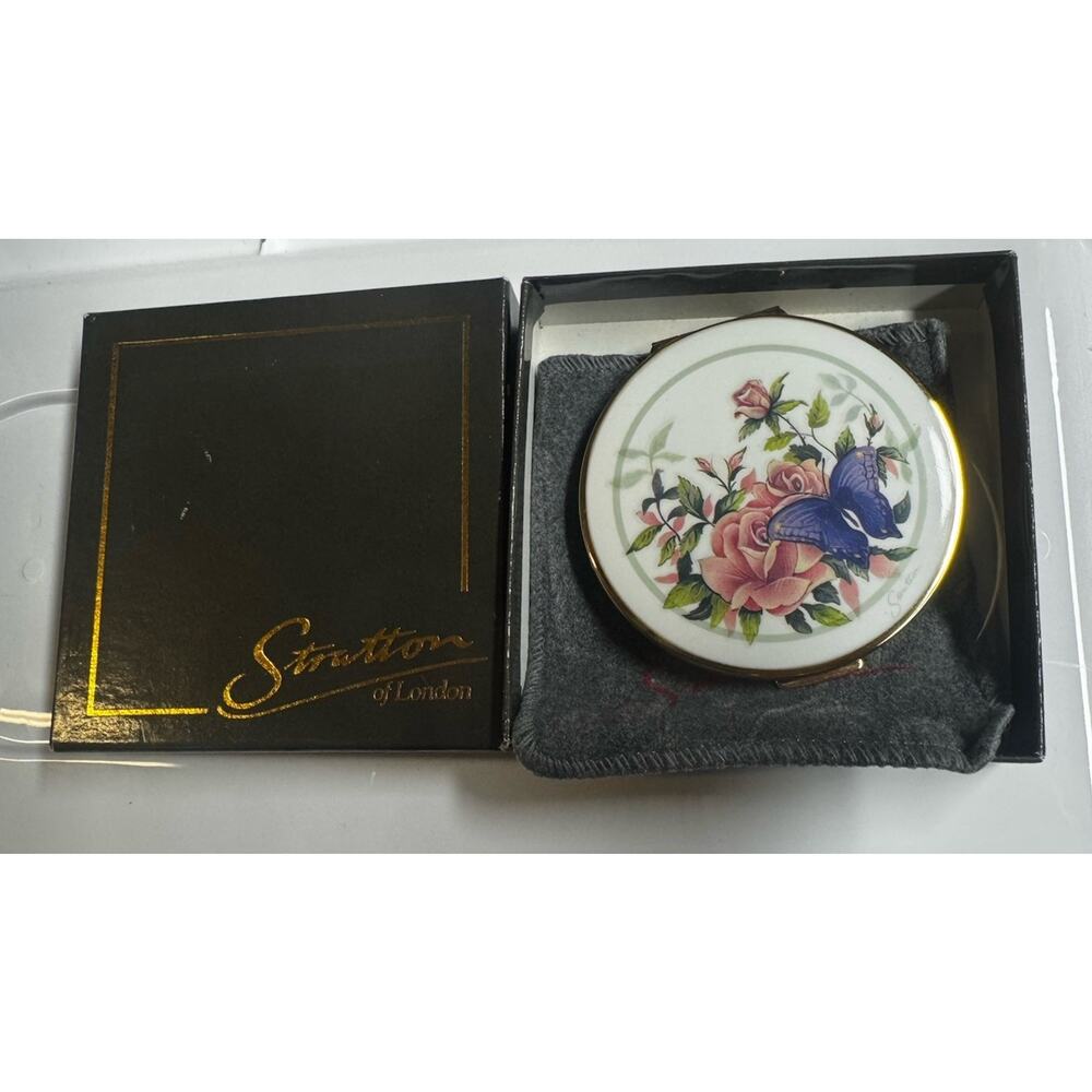 NOS Vintage Stratton England Butterfly Rose Compact Mirror Box Pouch- Gold Tone